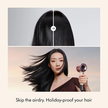 Dyson Supersonic travel hair dryer in limited edition ceramic pink finish alongside its matching precision styling magnetic attachments.