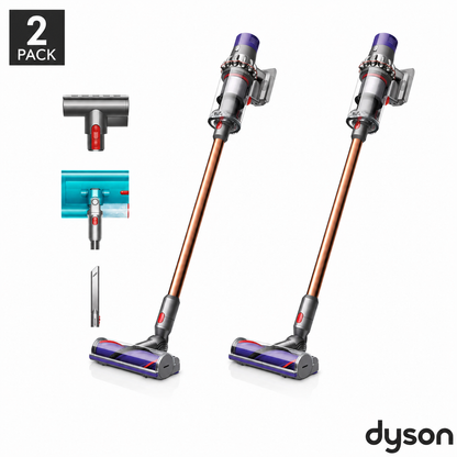 Profile view of the nickel and copper Dyson V10 Submarine cordless wet and dry vacuum cleaner upright on its wall dock with the Submarine wet roller attached.
