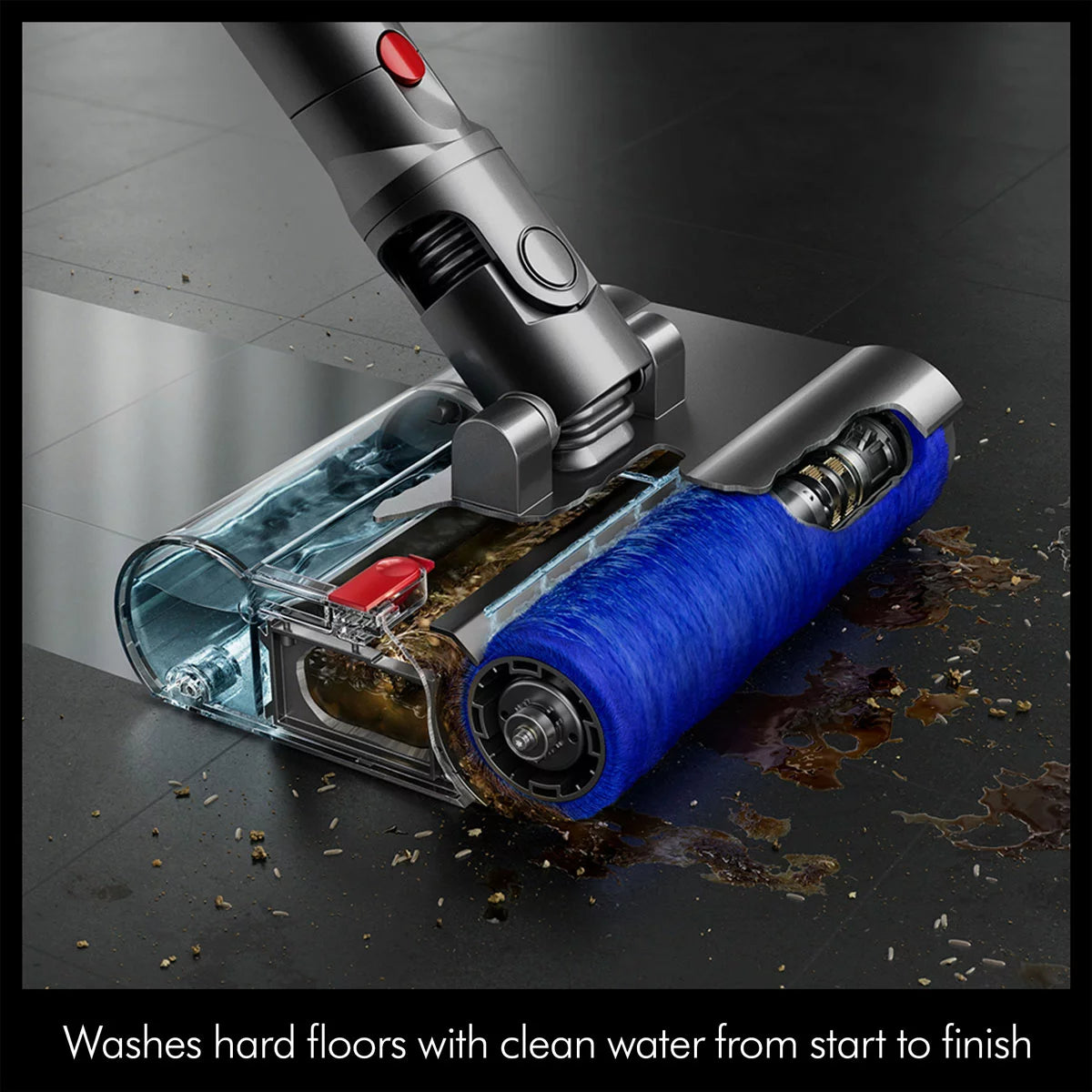 Profile view of the nickel and copper Dyson V10 Submarine cordless wet and dry vacuum cleaner upright on its wall dock with the Submarine wet roller attached.