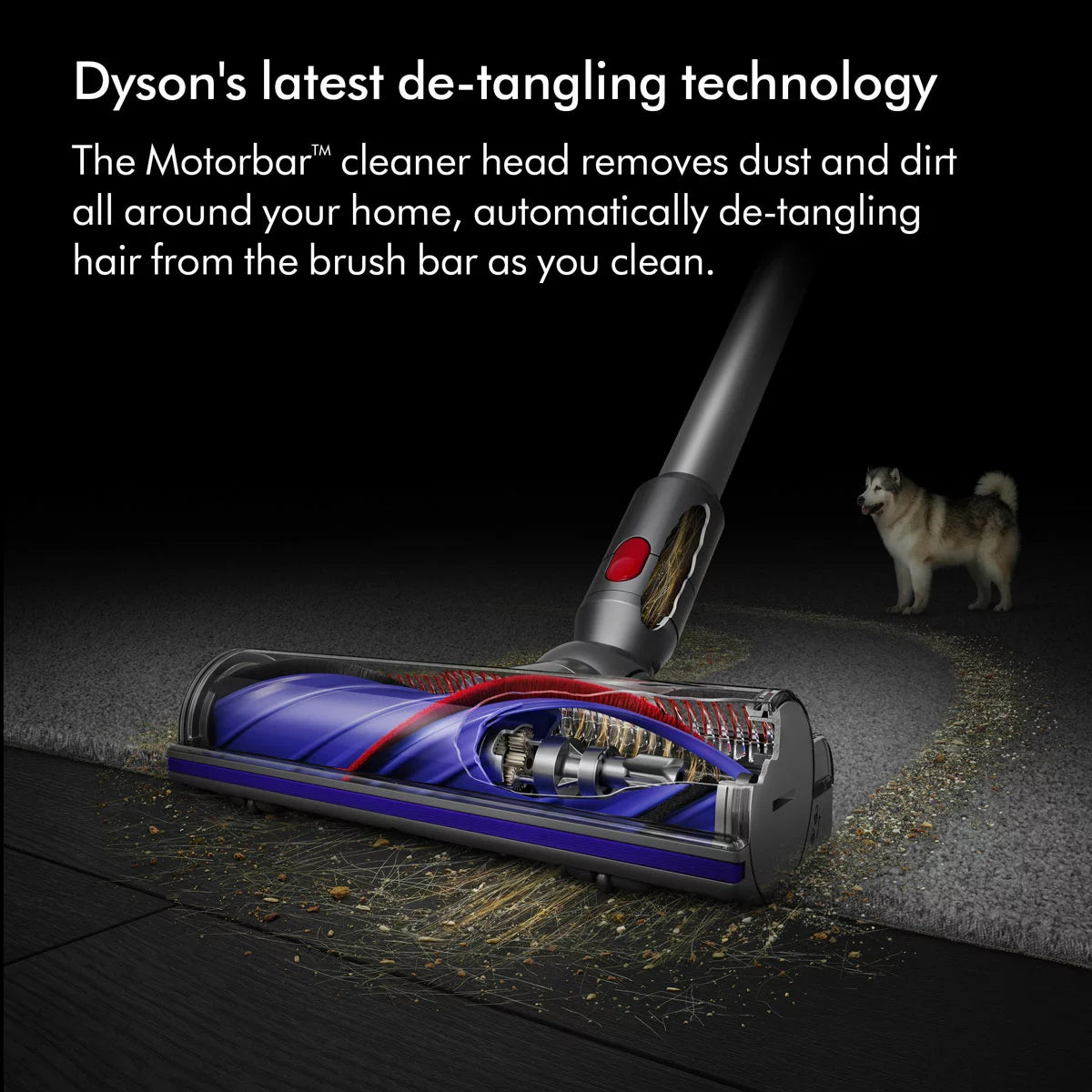 Profile view of the nickel and copper Dyson V10 Submarine cordless wet and dry vacuum cleaner upright on its wall dock with the Submarine wet roller attached.