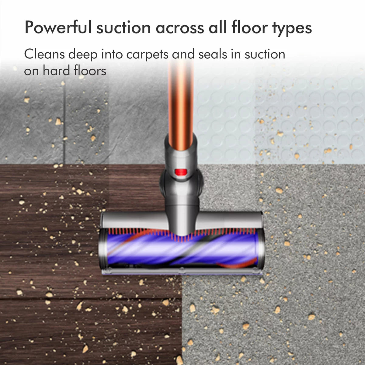 Profile view of the nickel and copper Dyson V10 Submarine cordless wet and dry vacuum cleaner upright on its wall dock with the Submarine wet roller attached.