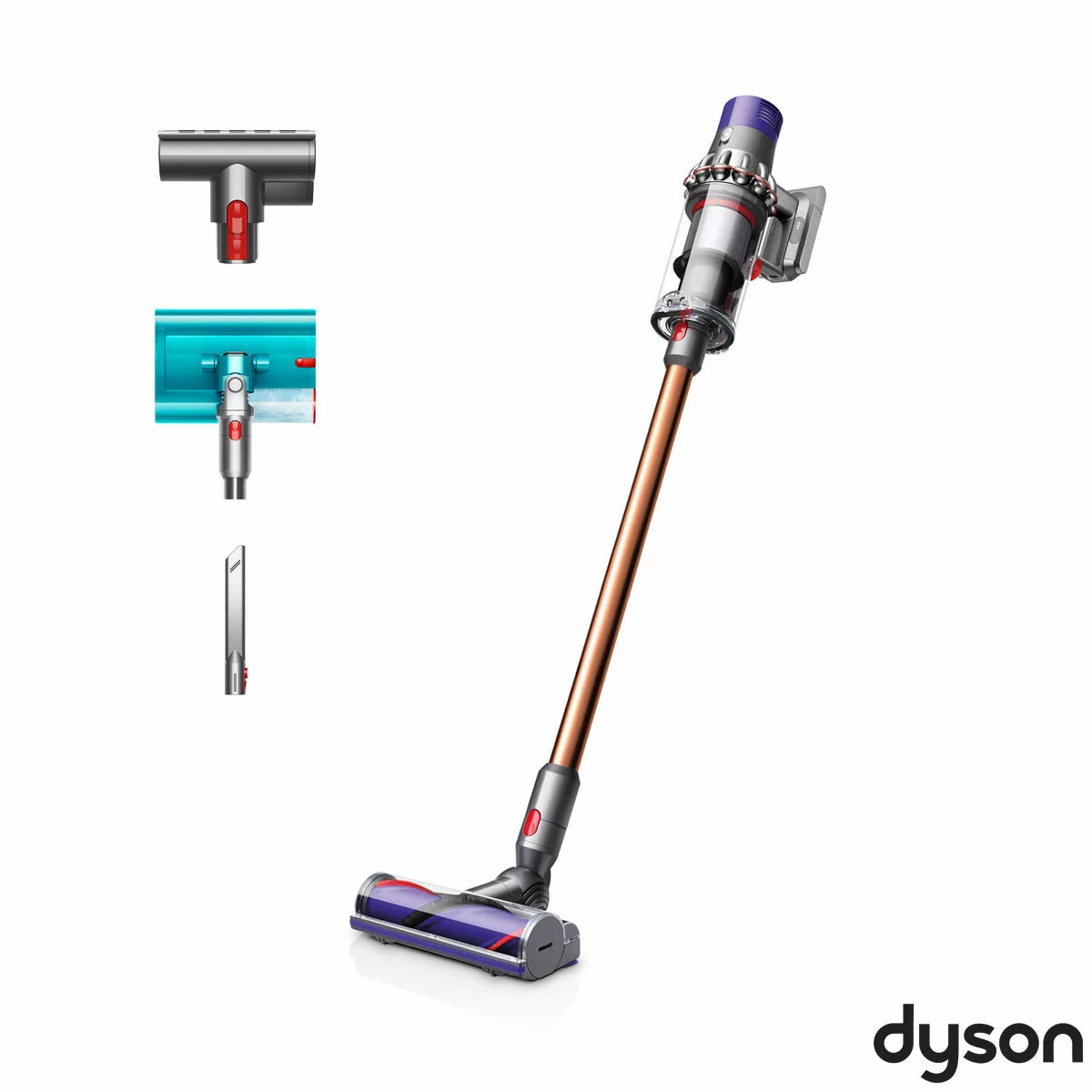 Profile view of the nickel and copper Dyson V10 Submarine cordless wet and dry vacuum cleaner upright on its wall dock with the Submarine wet roller attached.