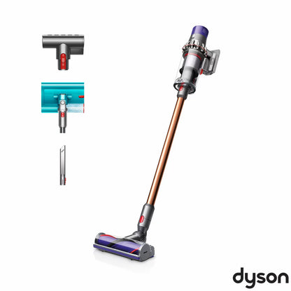 Profile view of the nickel and copper Dyson V10 Submarine cordless wet and dry vacuum cleaner upright on its wall dock with the Submarine wet roller attached.