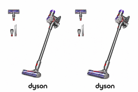 Dyson V8 Advanced Stick Vacuum Cleaner cleaning carpets and hard floors in a modern family home