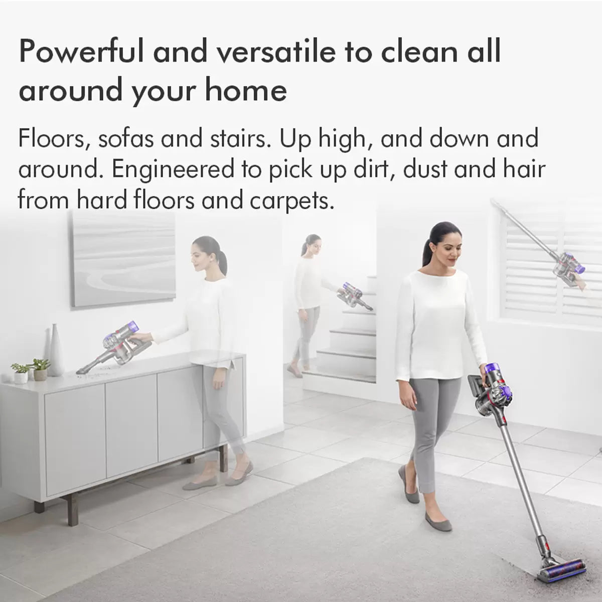 Dyson V8 Advanced Stick Vacuum Cleaner cleaning carpets and hard floors in a modern family home