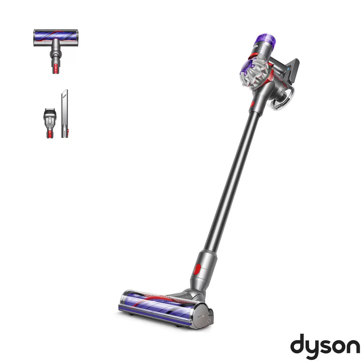 Side profile of the nickel and iron Dyson V8 Advanced cordless stick vacuum cleaner mounted upright on a neutral modern wall dock.