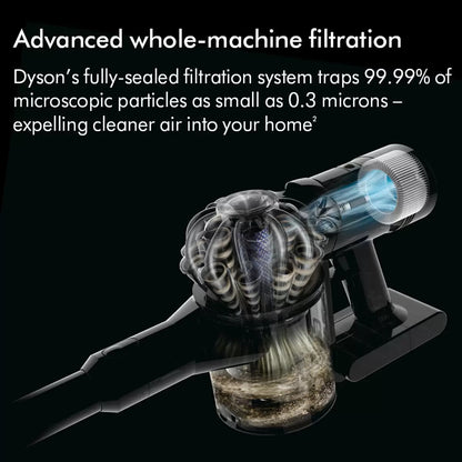 Side profile of the nickel and iron Dyson V8 Advanced cordless stick vacuum cleaner mounted upright on a neutral modern wall dock.