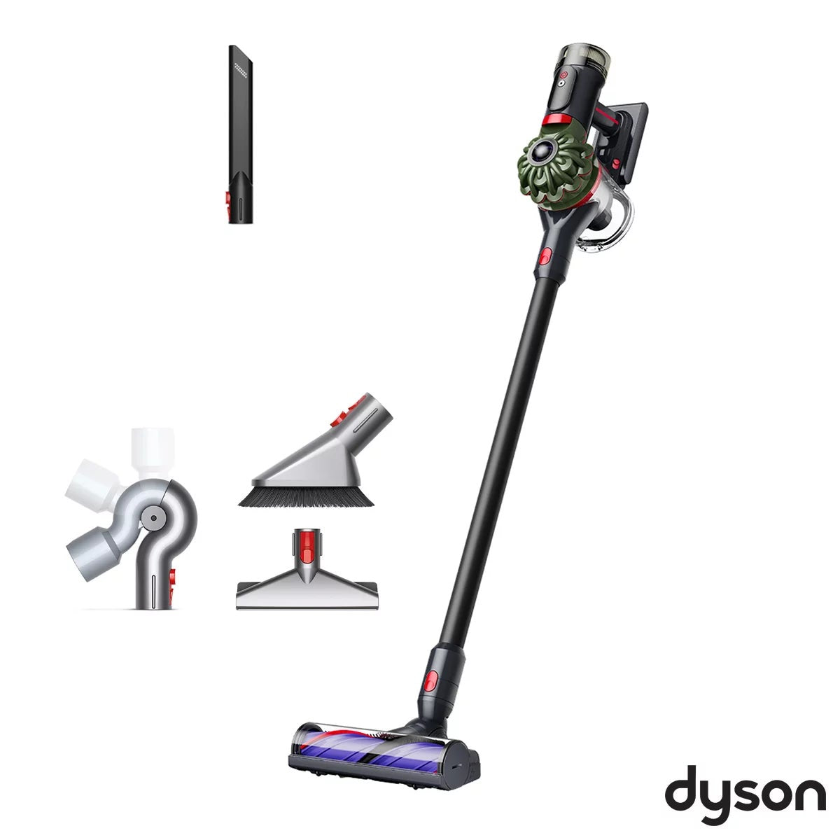 Side angle view of the nickel and iron Dyson V8 Cyclone Cordless Stick Vacuum held upright with the furniture cleaning kit accessories attached.