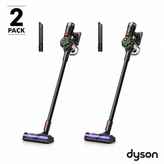Dyson V8 Cyclone stick vacuum cleaner in use on carpet, removing pet hair and dust with powerful cordless suction technology.