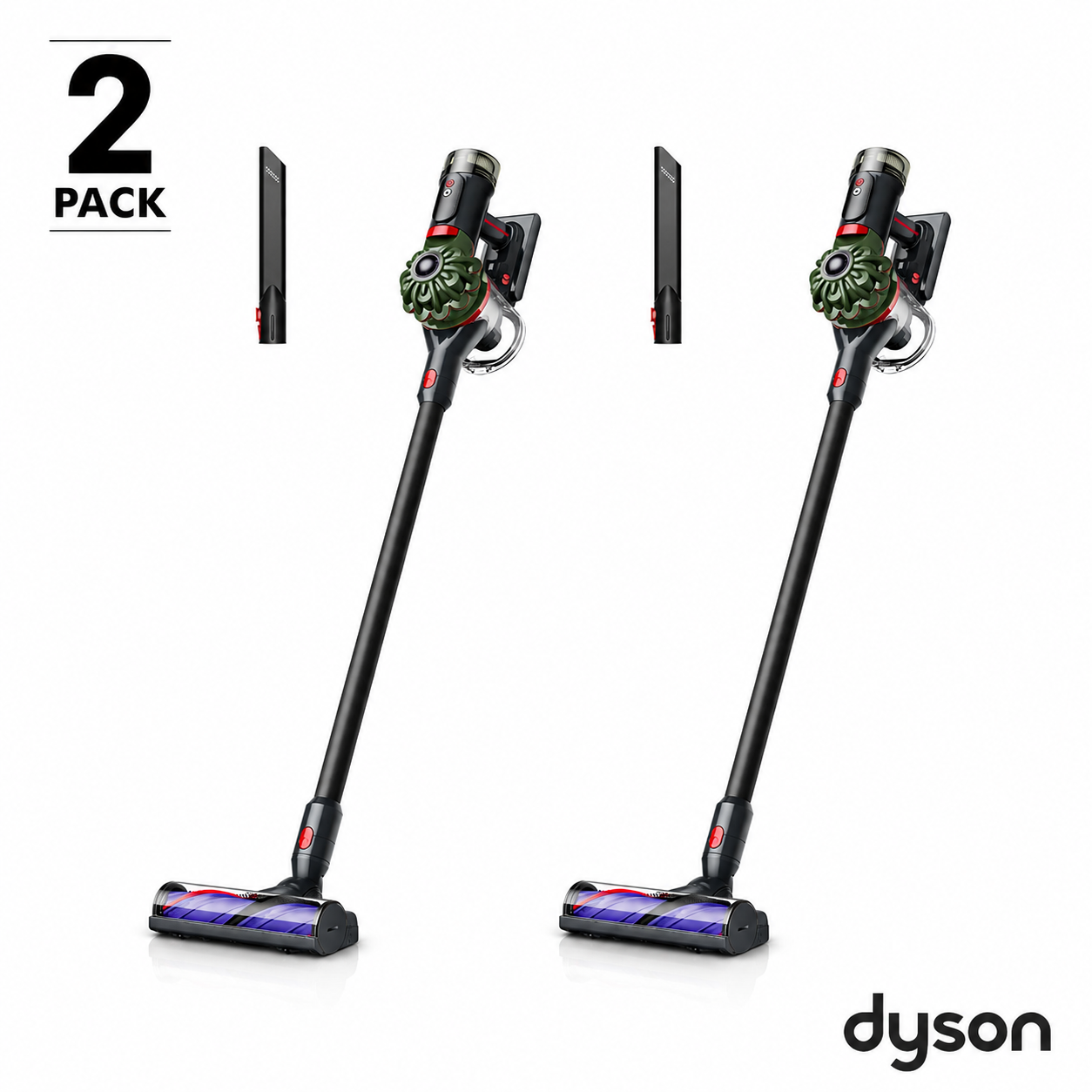Side angle view of the nickel and purple Dyson V8 Cyclone stick vacuum mounted in its wall dock on a plain wall setup.