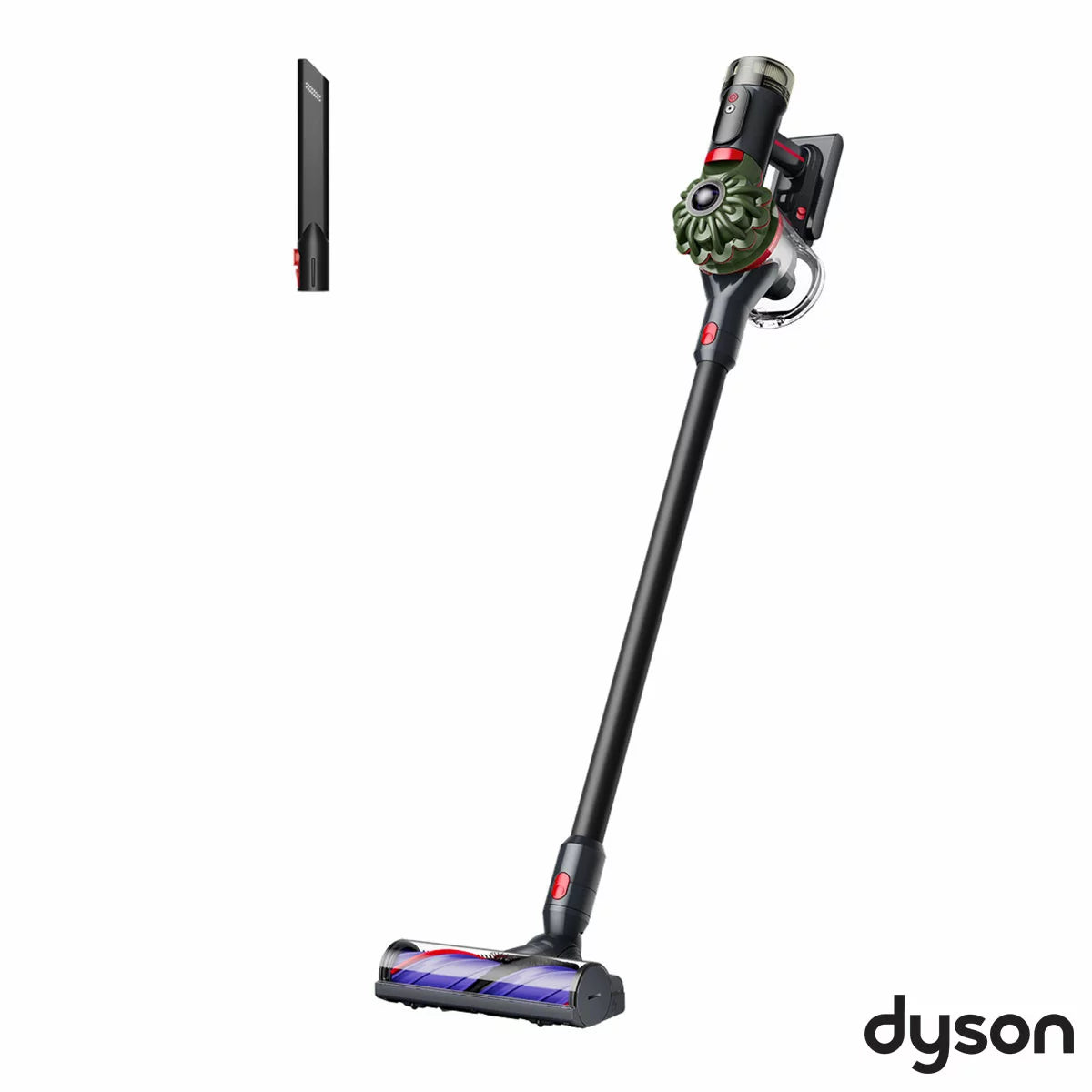 Side angle view of the nickel and purple Dyson V8 Cyclone stick vacuum mounted in its wall dock on a plain wall setup.