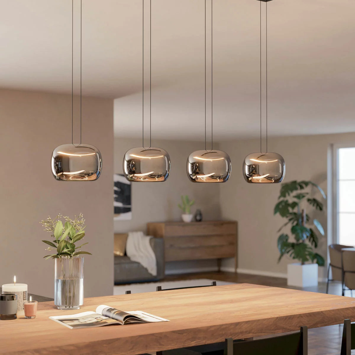 EGLO Hortunas linear 4-light pendant with refined smoked black glass shades for kitchen island and dining room lighting