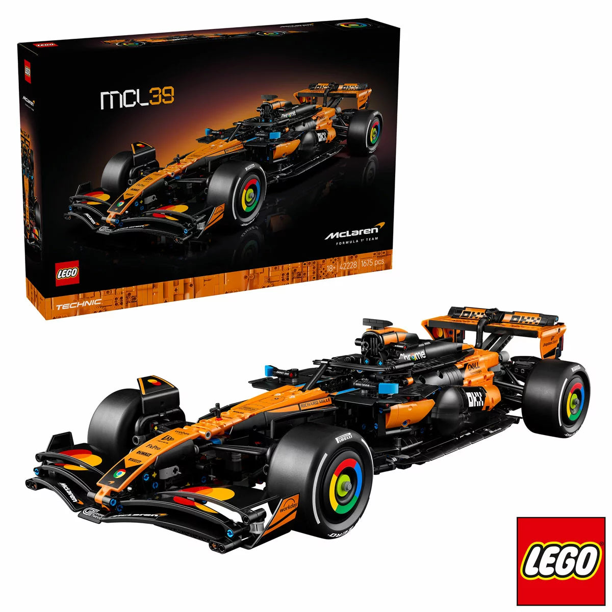 Three-quarter overhead shot of the massive built papaya orange and black LEGO 42228 McLaren Formula 1 racing car model displayed on a gray surface.