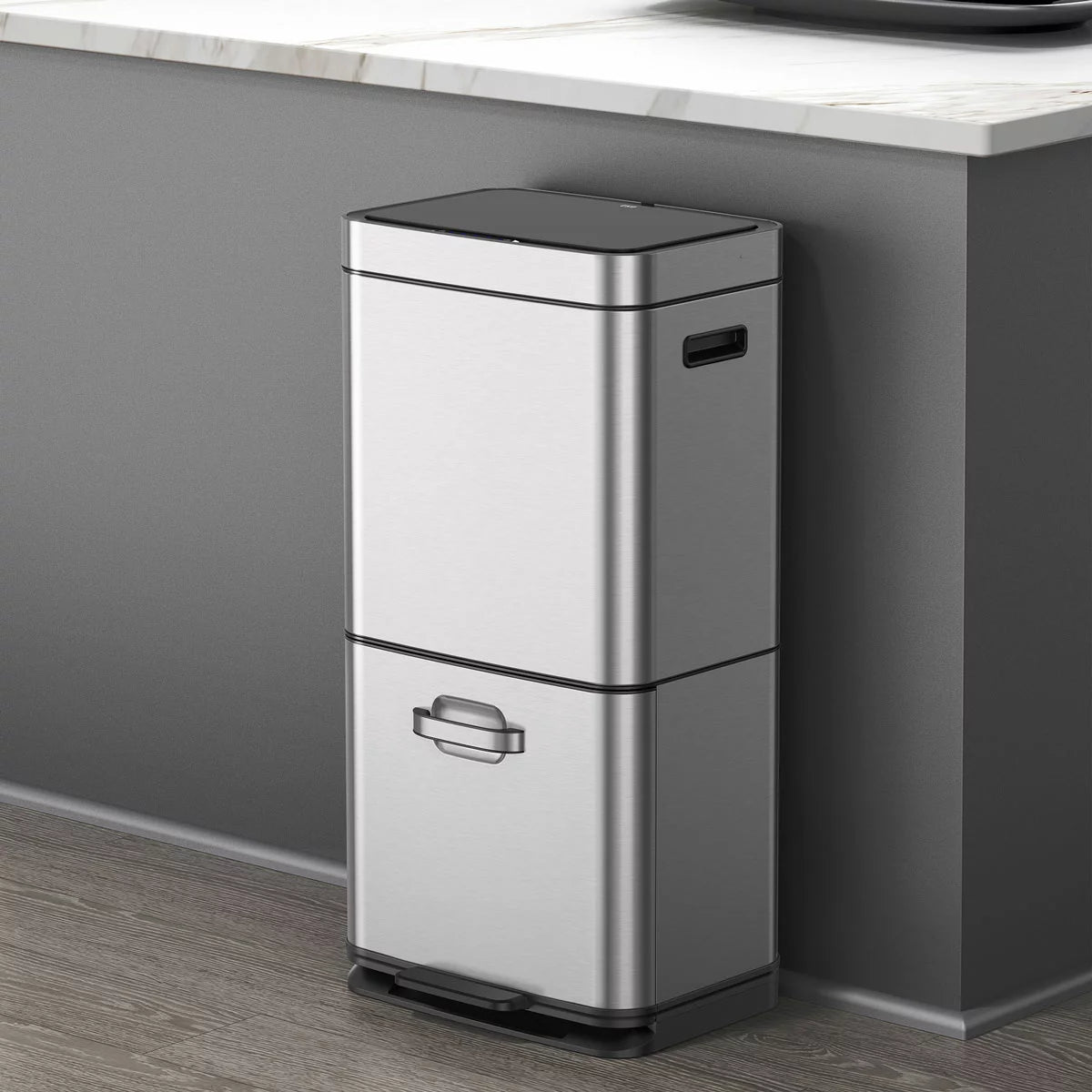 EKO 54L stainless steel motion sensor recycling bin with dual compartments in a contemporary kitchen.