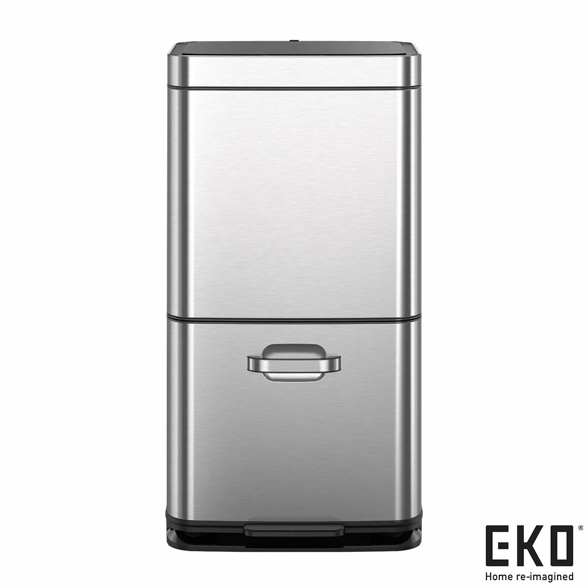EKO 54L stainless steel motion sensor recycling bin with dual compartments in a contemporary kitchen.