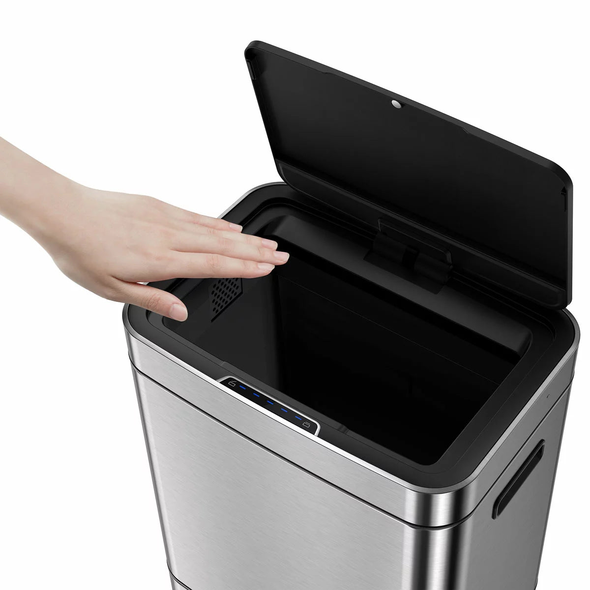 EKO 54L stainless steel motion sensor recycling bin with dual compartments in a contemporary kitchen.