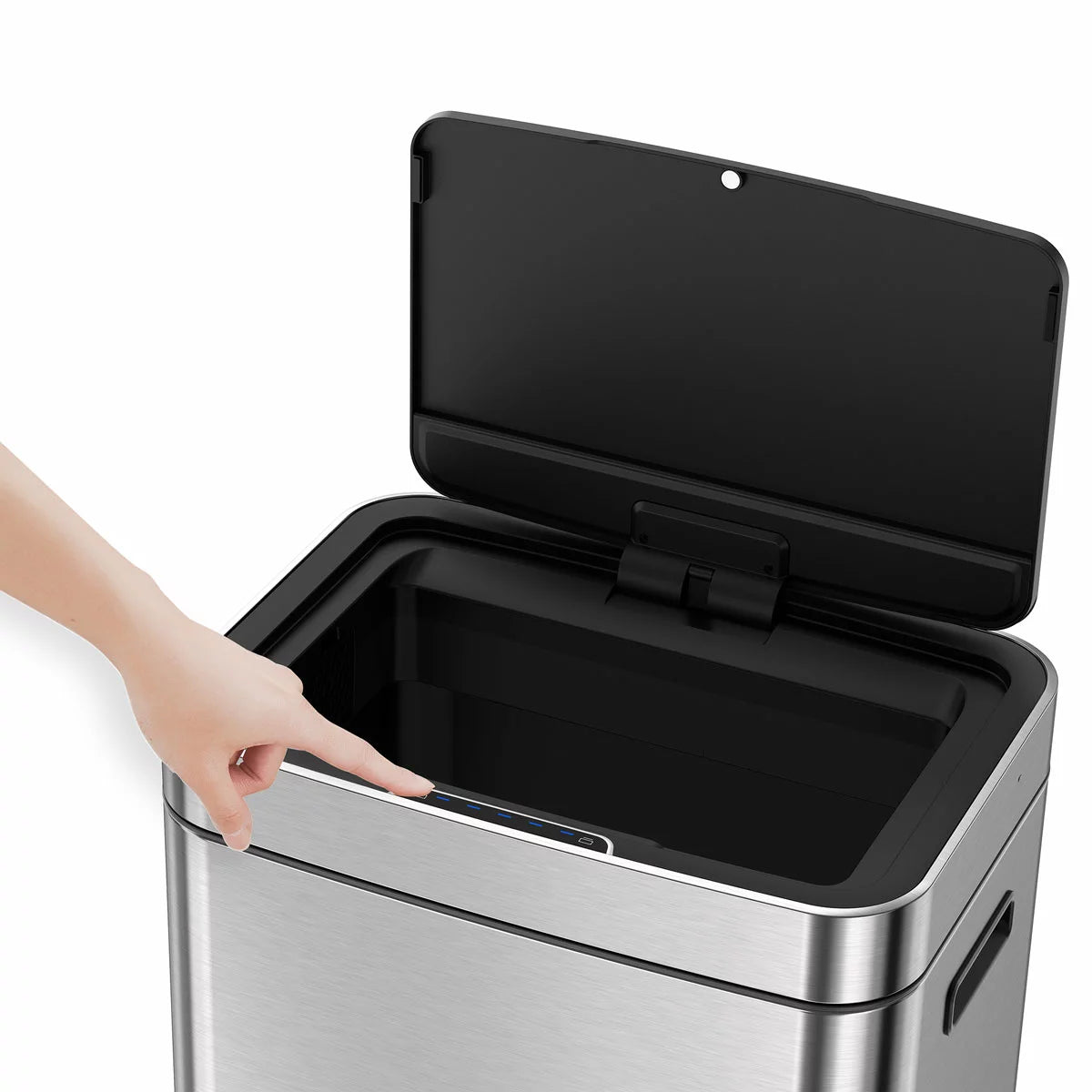 EKO 54L stainless steel motion sensor recycling bin with dual compartments in a contemporary kitchen.
