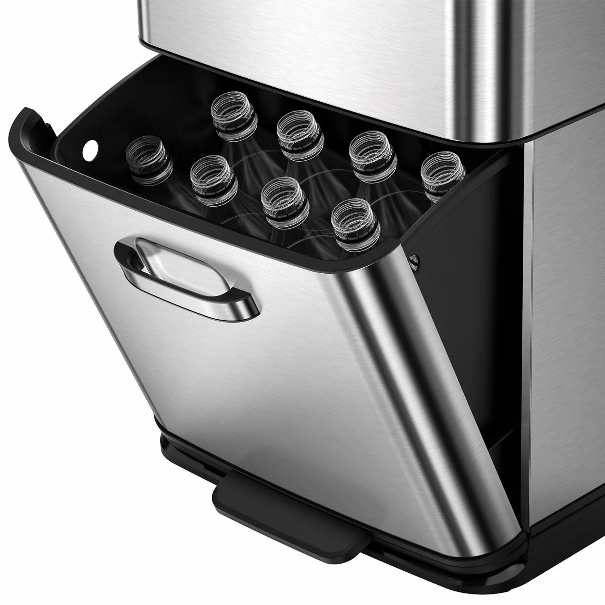 EKO 54L stainless steel motion sensor recycling bin with dual compartments in a contemporary kitchen.