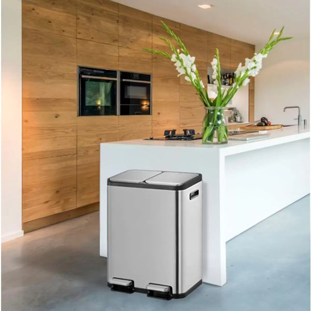 EKO Ecocasa 60L stainless steel recycling bin with dual compartments for efficient kitchen waste sorting.