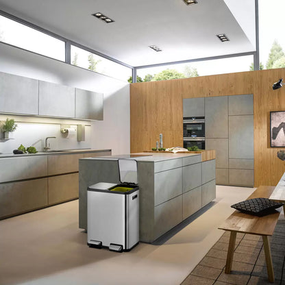EKO Ecocasa 60L stainless steel recycling bin with dual compartments for efficient kitchen waste sorting.