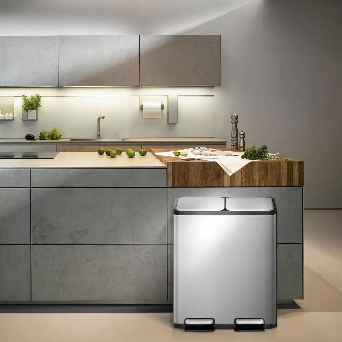 EKO Ecocasa 60L stainless steel recycling bin with dual compartments for efficient kitchen waste sorting.