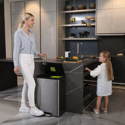 EKO Ecocasa II 40L stainless steel dual-compartment recycling bin in a modern kitchen.