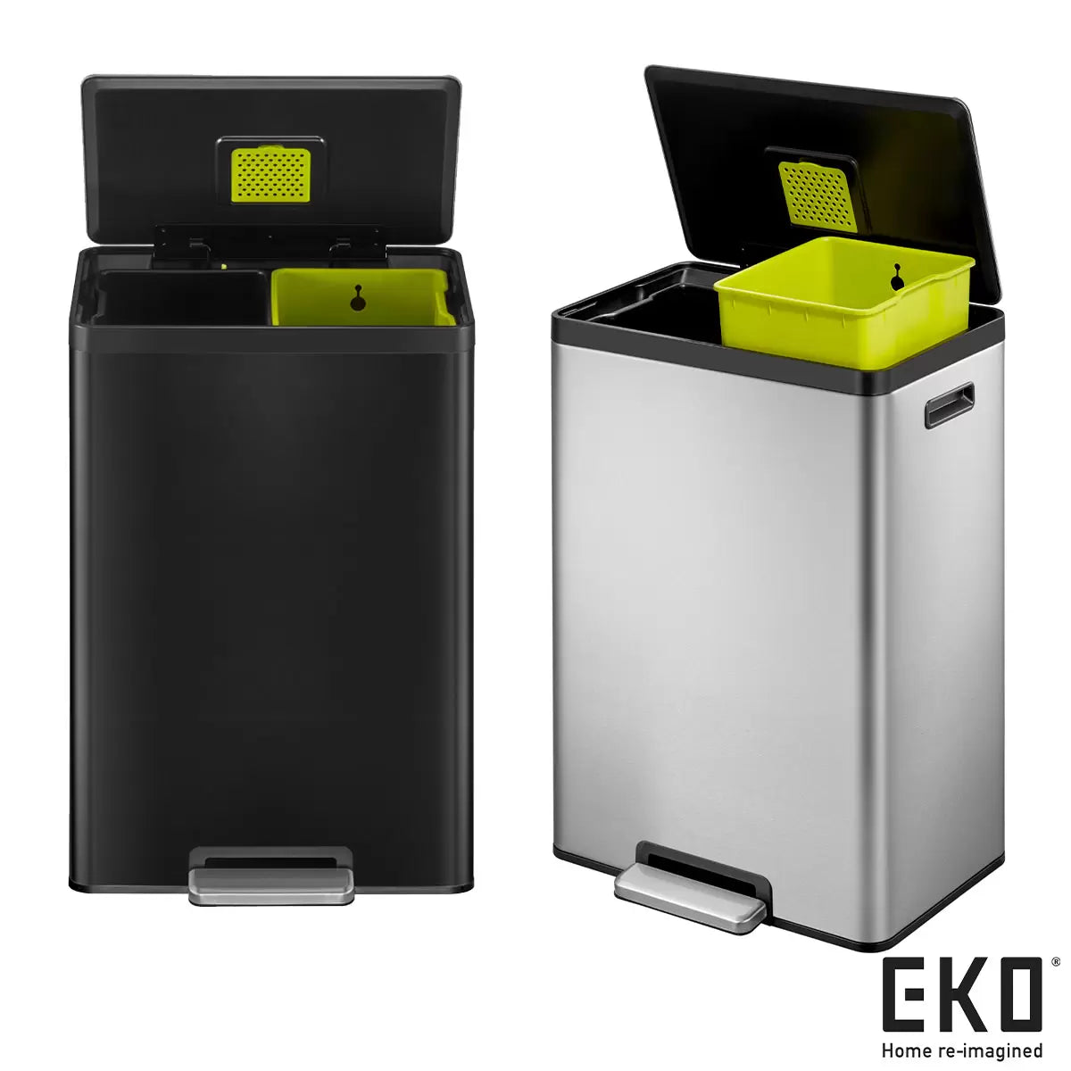 EKO Ecocasa II 40L stainless steel dual-compartment recycling bin in a modern kitchen.