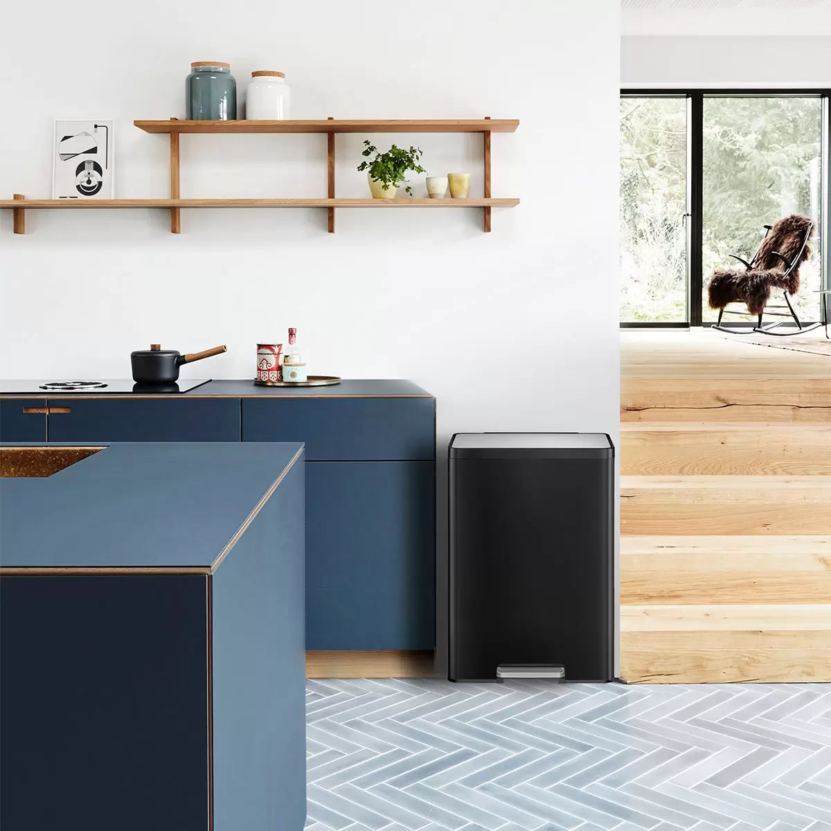 EKO Ecocasa II 40L stainless steel dual-compartment recycling bin in a modern kitchen.