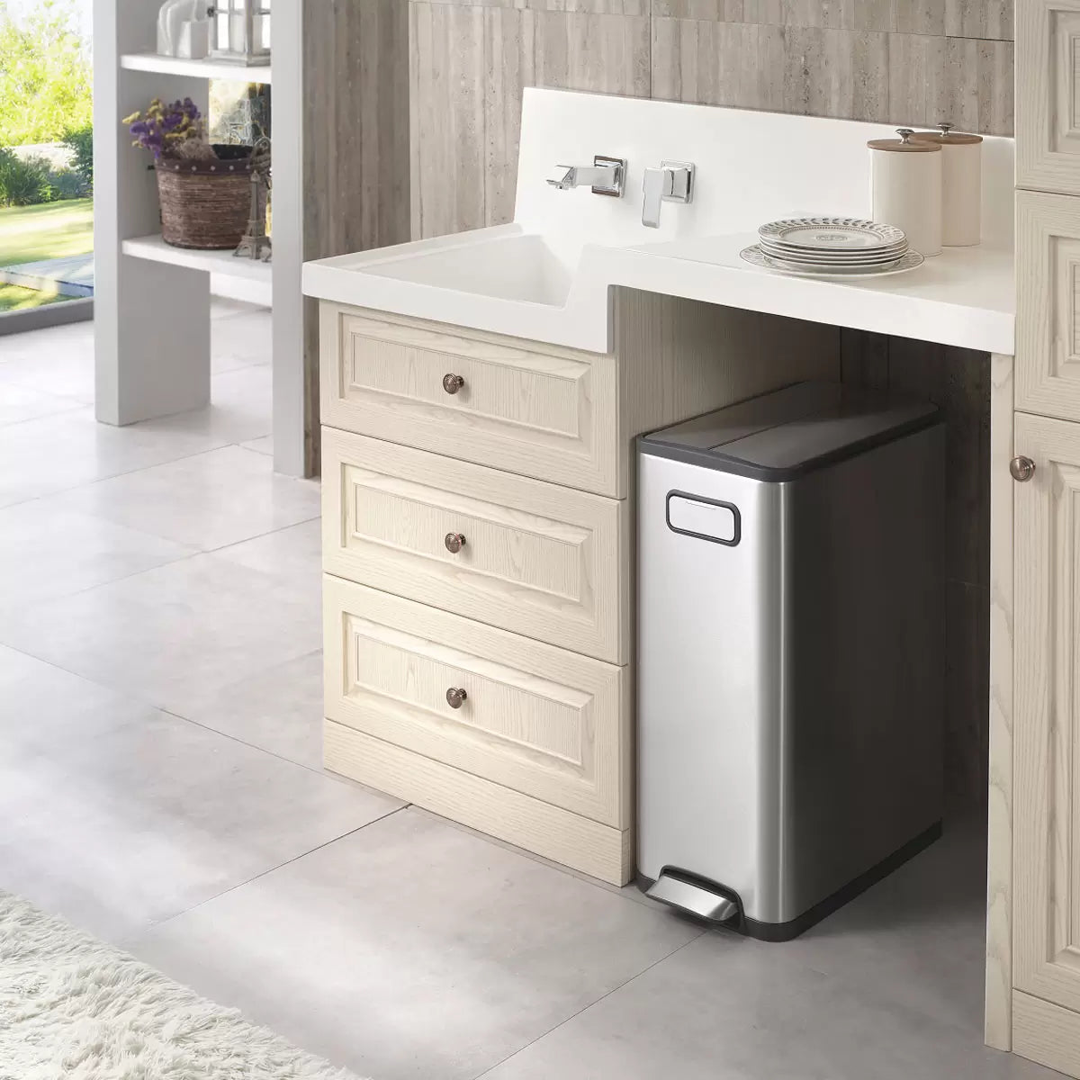EKO Ecofly 30L stainless steel bin with odor-sealing technology for compact kitchen or office waste.