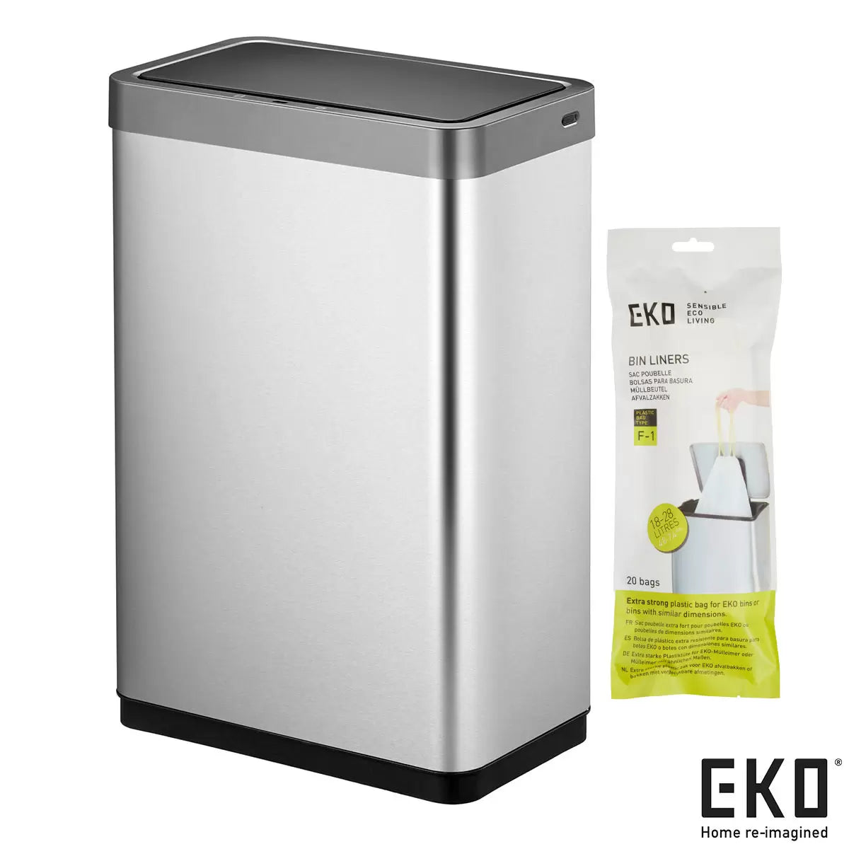 EKO Mirage X-Sensor 40L stainless steel bin showing the glowing blue light sensor interface.