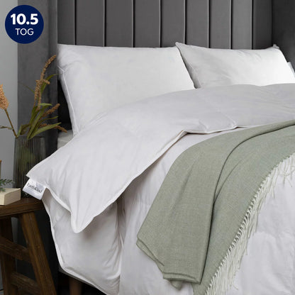 Close-up detail of the white EarthKind recycled feather and down single duvet showing pristine stitching and 230 thread count cotton fabric texture.