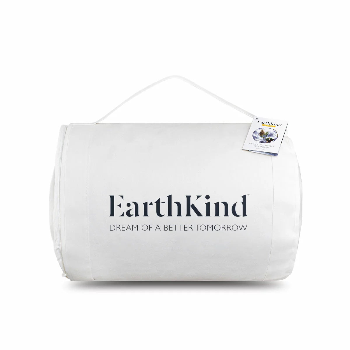 Close-up detail of the white EarthKind recycled feather and down single duvet showing pristine stitching and 230 thread count cotton fabric texture.