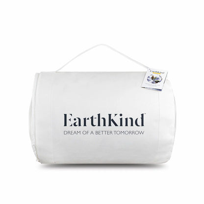 Close-up detail of the white EarthKind recycled feather and down single duvet showing pristine stitching and 230 thread count cotton fabric texture.