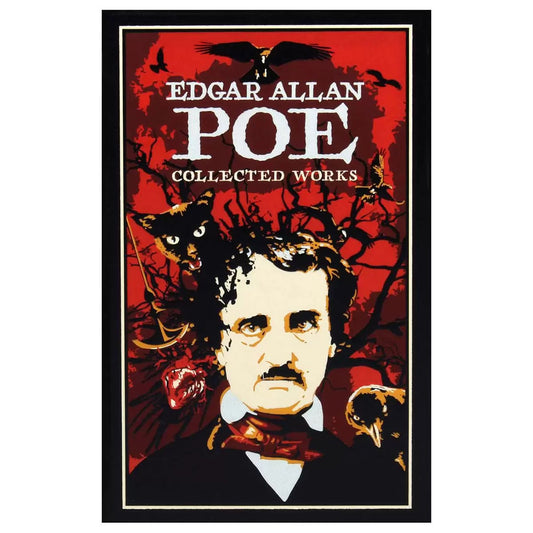 Deluxe leather-bound hardback volume of Edgar Allan Poe's collected tales and poems featuring gold foil cover detailing lying on a dark table surface.