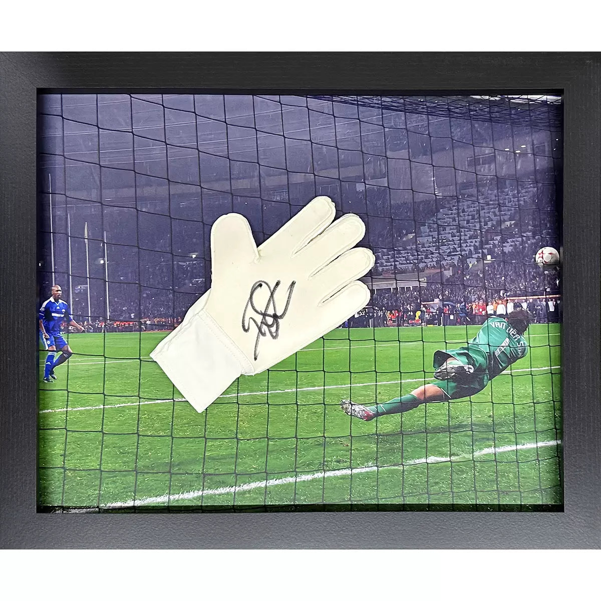 A framed, authentic Adidas goalkeeper glove signed by Edwin van der Sar, displayed in a professional-grade casing against a clean background.
