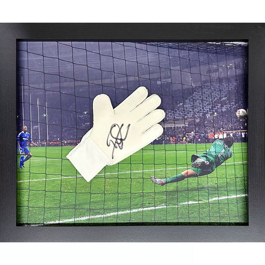 A framed, authentic Adidas goalkeeper glove signed by Edwin van der Sar, displayed in a professional-grade casing against a clean background.