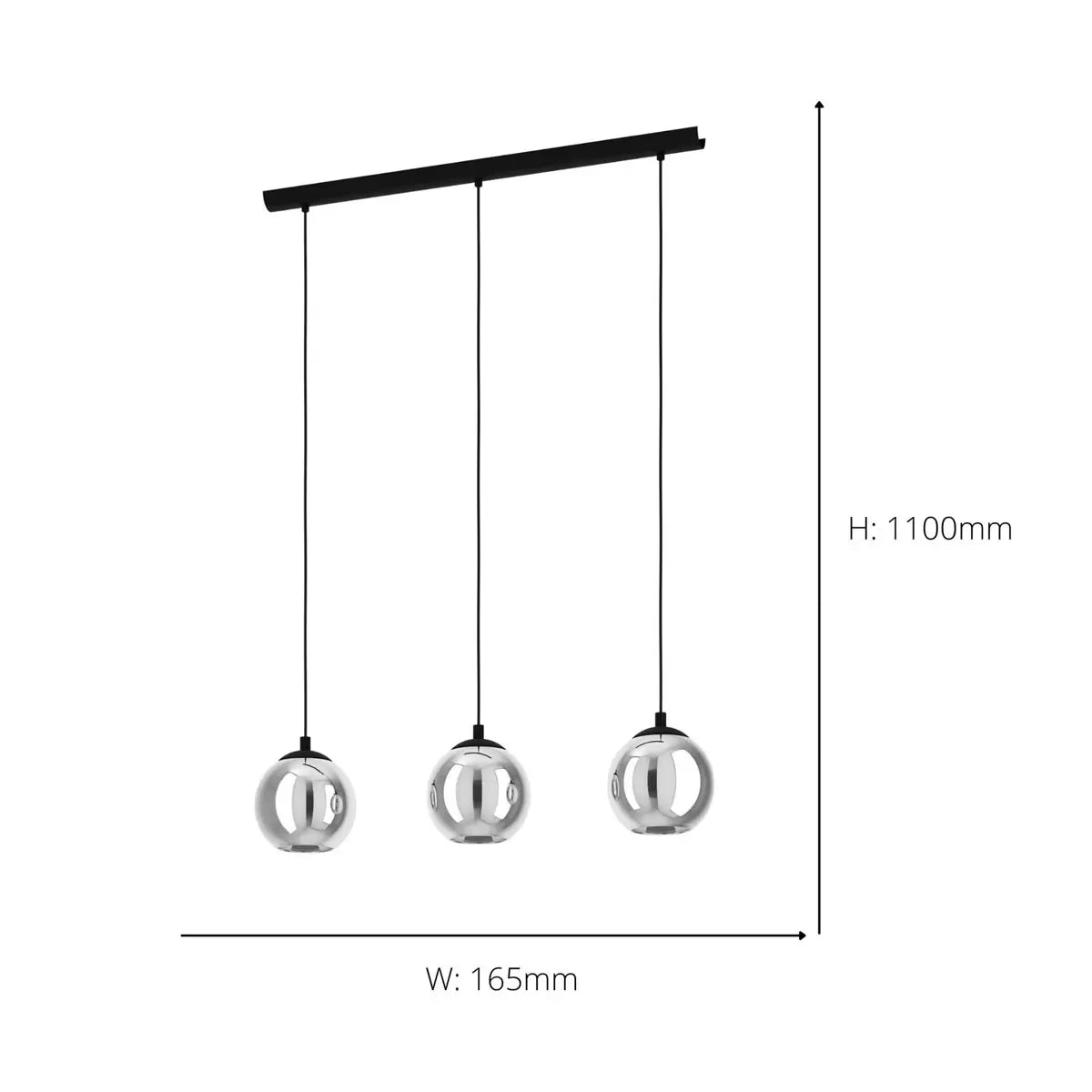 Three smoked glass ball pendant light fixture with modern black frame, suspended for ambient dining room lighting