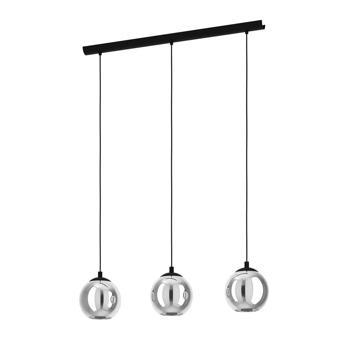 Three smoked glass ball pendant light fixture with modern black frame, suspended for ambient dining room lighting