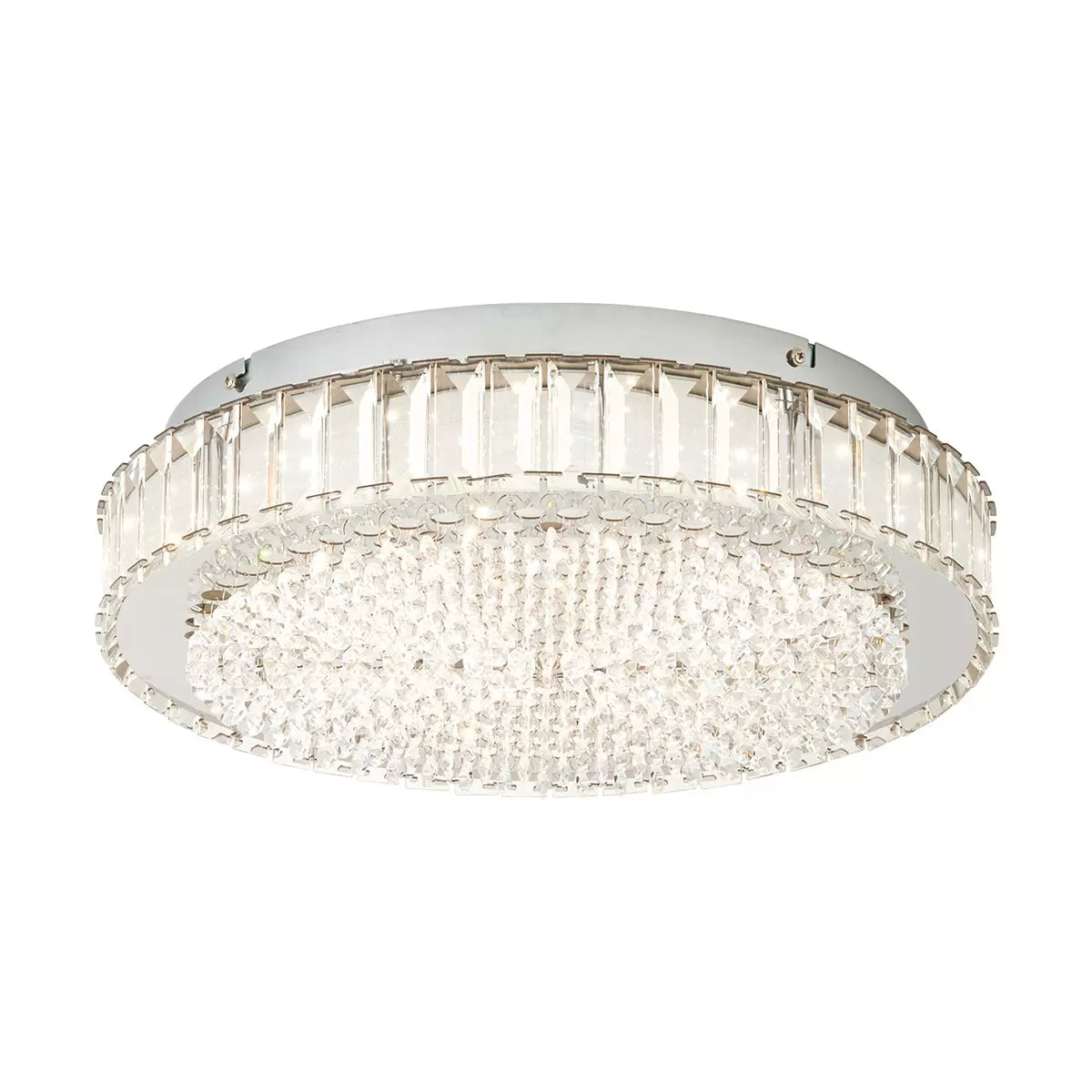 Top-down close-up of the circular Eglo Balparda flush ceiling light featuring polished chrome metal trim and hundreds of small, clear glass crystals refracting light in a modern bedroom setting.