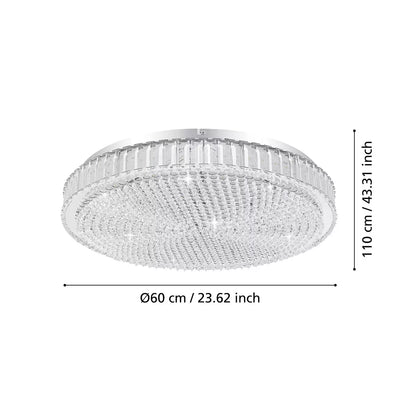 Top-down close-up of the circular Eglo Balparda flush ceiling light featuring polished chrome metal trim and hundreds of small, clear glass crystals refracting light in a modern bedroom setting.