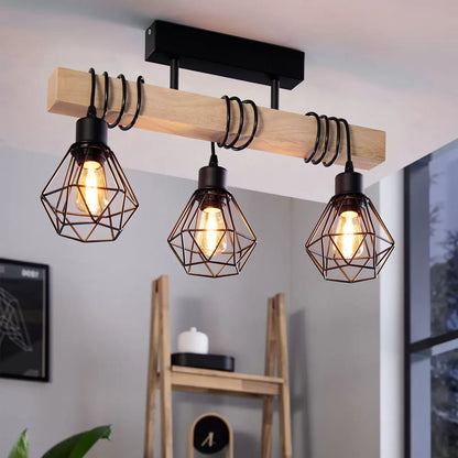 Eglo Townshend 3 Light Geometric Pendant with black metal geometric frame and natural wood beam detail for modern industrial interiors