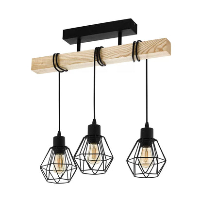 Eglo Townshend 3 Light Geometric Pendant with black metal geometric frame and natural wood beam detail for modern industrial interiors