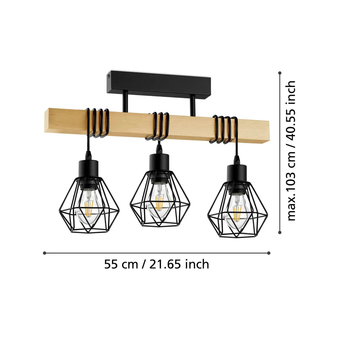 Eglo Townshend 3 Light Geometric Pendant with black metal geometric frame and natural wood beam detail for modern industrial interiors
