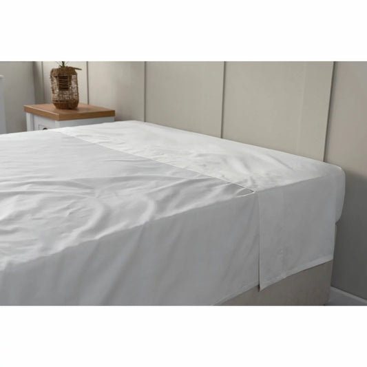 Crisp white Belledorm 600 thread count Egyptian cotton flat sheet neatly draped over a mattress showing smooth sateen texture.