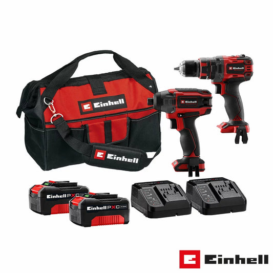 Einhell red and black 18V brushless combi drill and impact driver set displayed on reinforced tool bag with two 4.0Ah batteries and chargers.