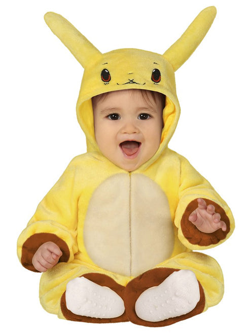 Front view of a toddler wearing a soft yellow Electric Chinchilla jumpsuit with attached character hood and lightning tail in a play room.