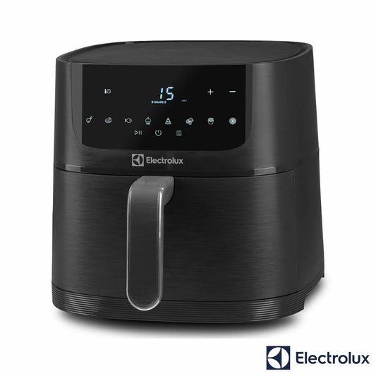 Electrolux SDA2982ELGRY 4L digital air fryer in brushed grey setting on a kitchen countertop showing front control panel.