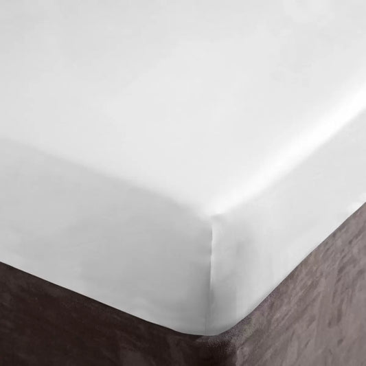 A close-up crisp studio shot of the white Belledorm 1000 thread count Egyptian cotton sateen sheet pulled tightly and smoothly over the deep corner of a mattress.