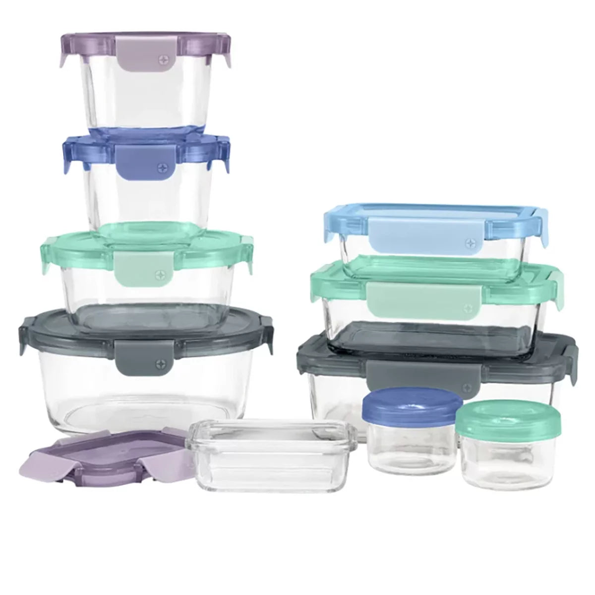 Top-down view of the 20-piece Ello Colour Lock glass food storage set arranged on a clean quartz kitchen countertop featuring clear glass bases and colorful airtight snap lids.