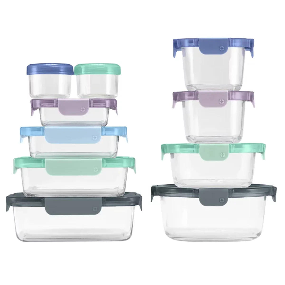 Top-down view of the 20-piece Ello Colour Lock glass food storage set arranged on a clean quartz kitchen countertop featuring clear glass bases and colorful airtight snap lids.